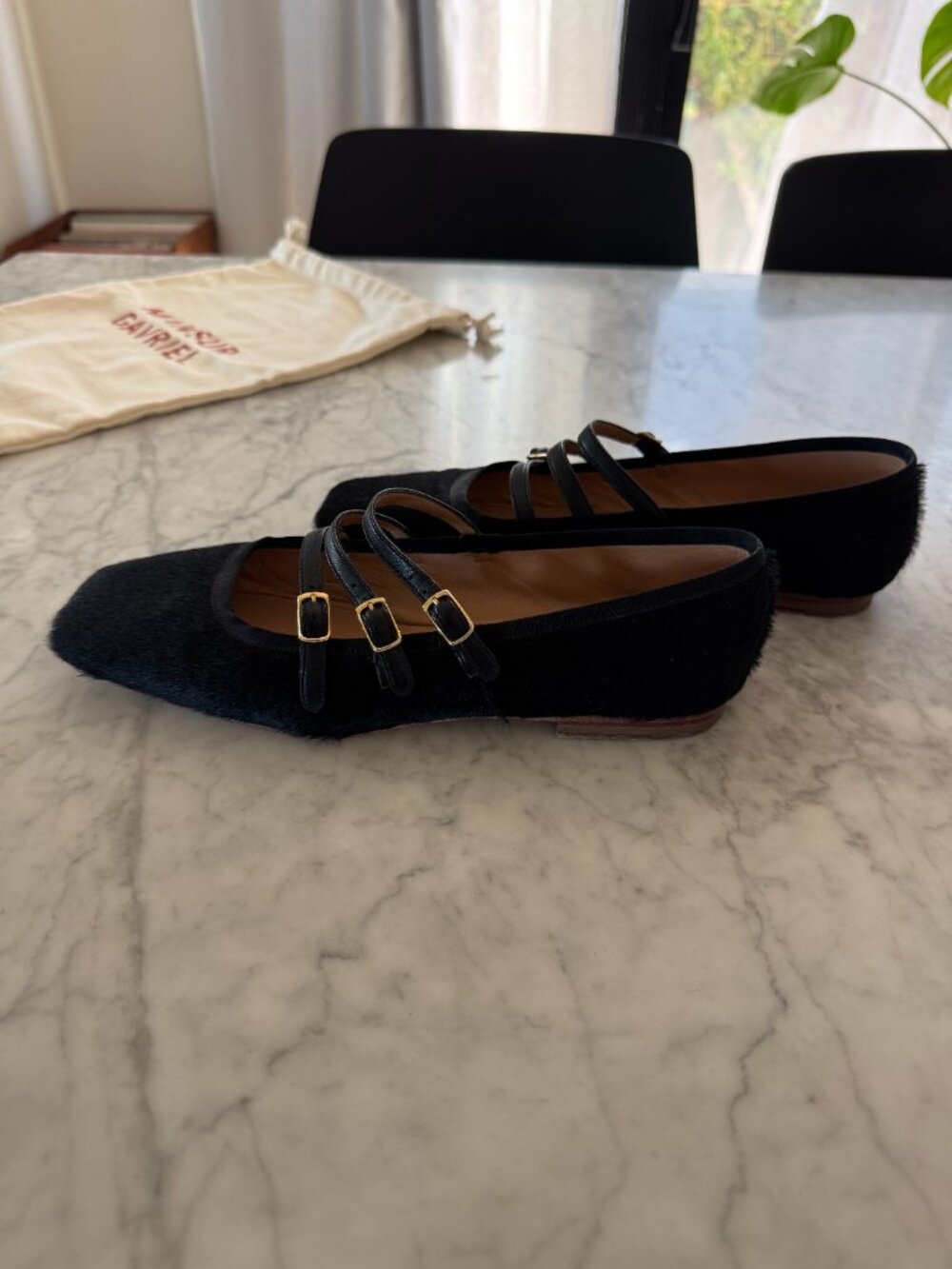 Mansur Gavriel Black Calf Hair Triple Strap Mary Jane Flats Size 8 / 38 - Picture 4 of 11